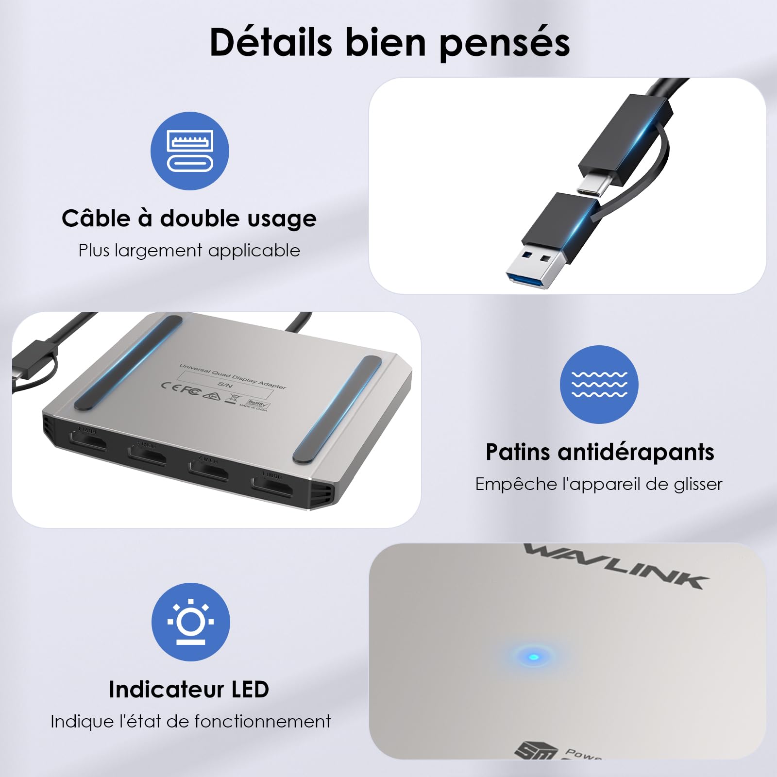 Adaptateur USB C vers HDMI, WAVLINK Adaptateur Quadruple Moniteur pour Systèmes macOS M1/M2/M3/M4. Hôtes Type-C/A, 4 HDMI, Pilote SMI Requis | Universal USB A vers HDMI Extended Dual Triple Display pour Windows, Macbook Neo, Mac M1-M5 Driver requis