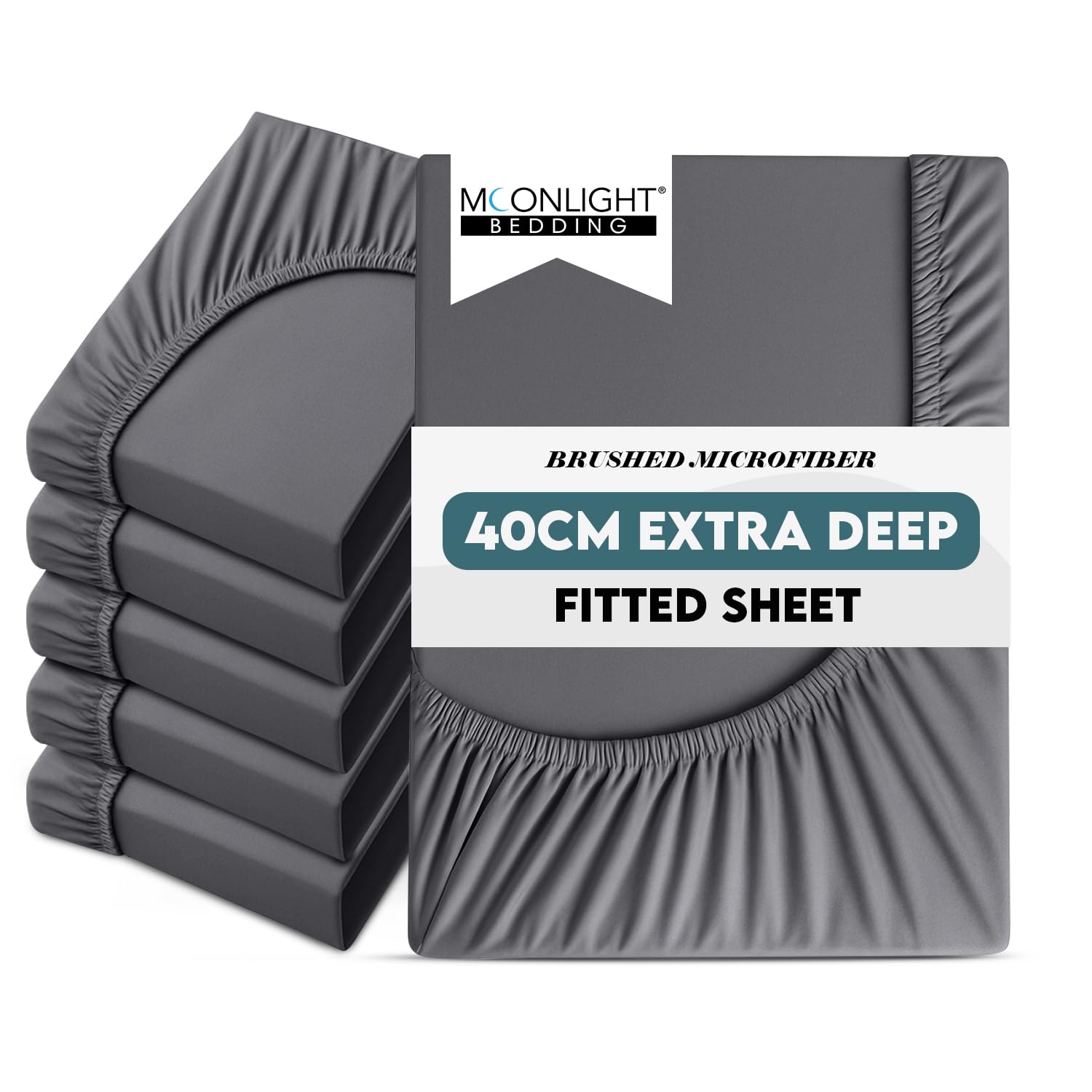 Moonlight Bedding Charcoal Fitted Bed Sheets Double 6 Pack 40Cm Bottom Sheet With Elastic Corners 16 Inch Extra Deep Pocket Brushed Microfiber Easy Care Breathable Shrinkage Fade-Resistant