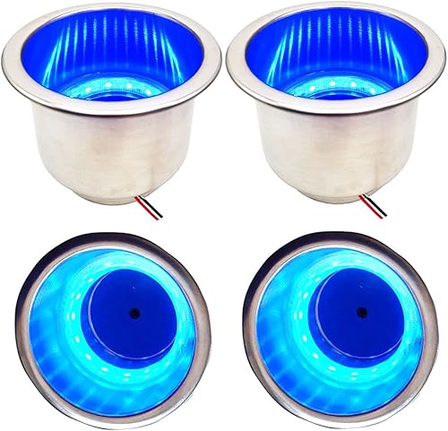 EASYEAH 4 portavasos, color azul, de acero inoxidable, con drenaje, para lancha marina, caravana, camión, asiento, sofá, mesa (3 W, 12 V, 15 cuentas