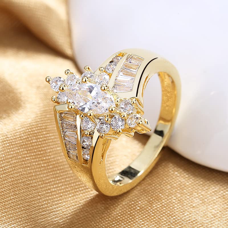 Yellow Gold-Plated Brilliant Marquise Shaped and Baguette Simulated Diamond Cubic Zirconia Bypass Engagement Wedding Band Ring (US Size 9)2