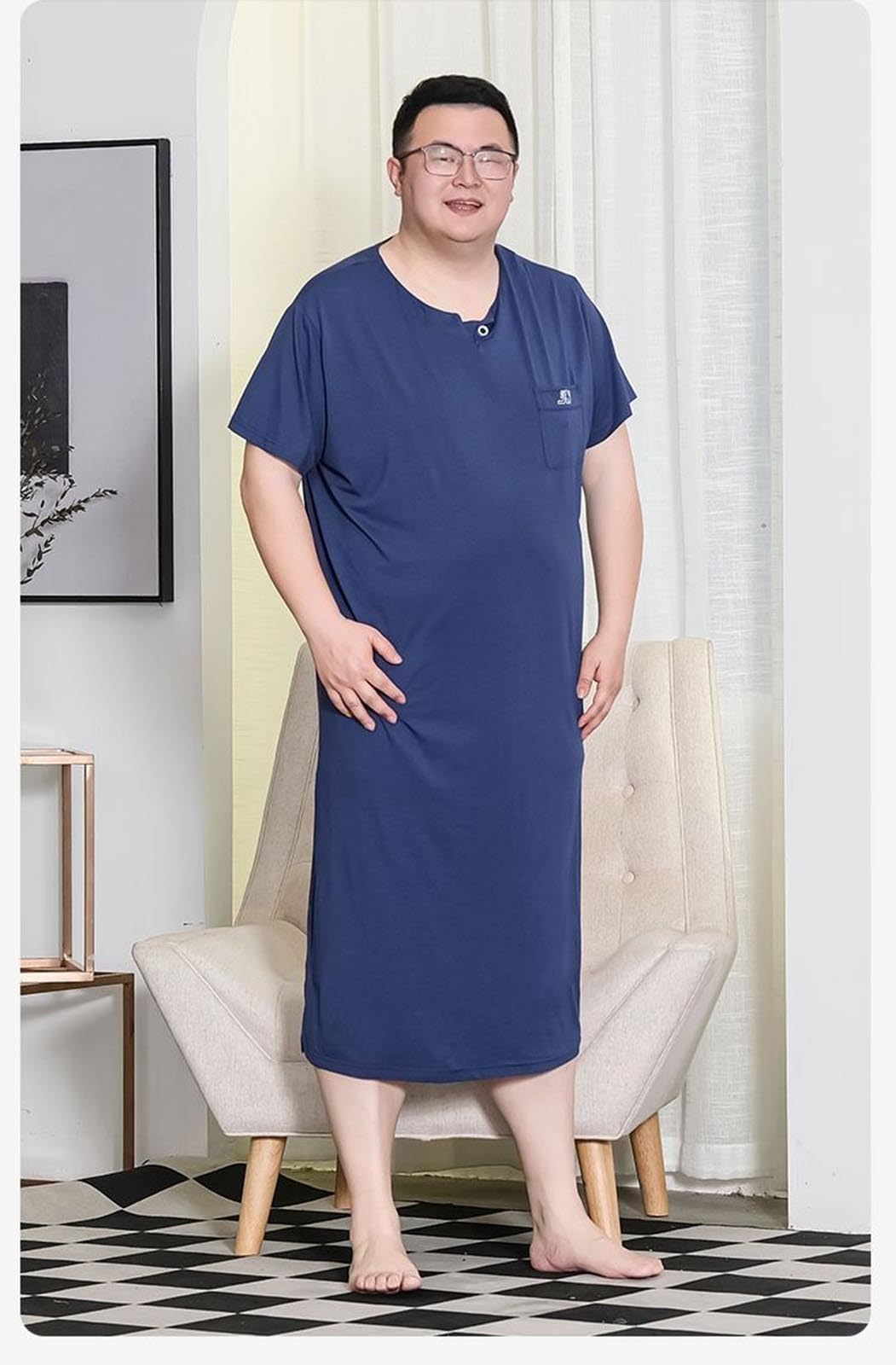 Generic Męska koszulka nocna w rozmiarze plus size Wygodna koszula nocna z krótkim rękawem Big & Tall Henley,Blue,3XL