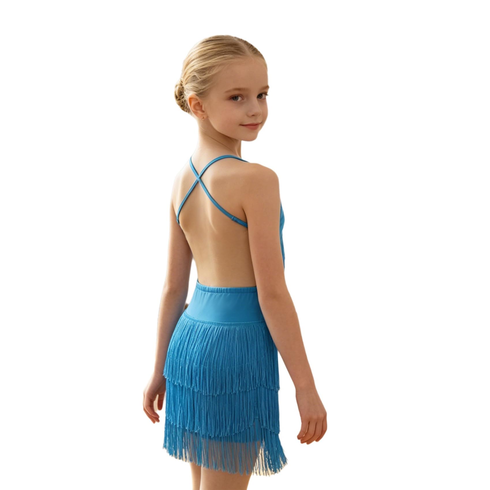 Abito Danza Latino Americano Bambina Vestito Danza Latina Moderna Senza Maniche Scintillante Abito da Pattinaggio Artistico con Nappe Frange Strass