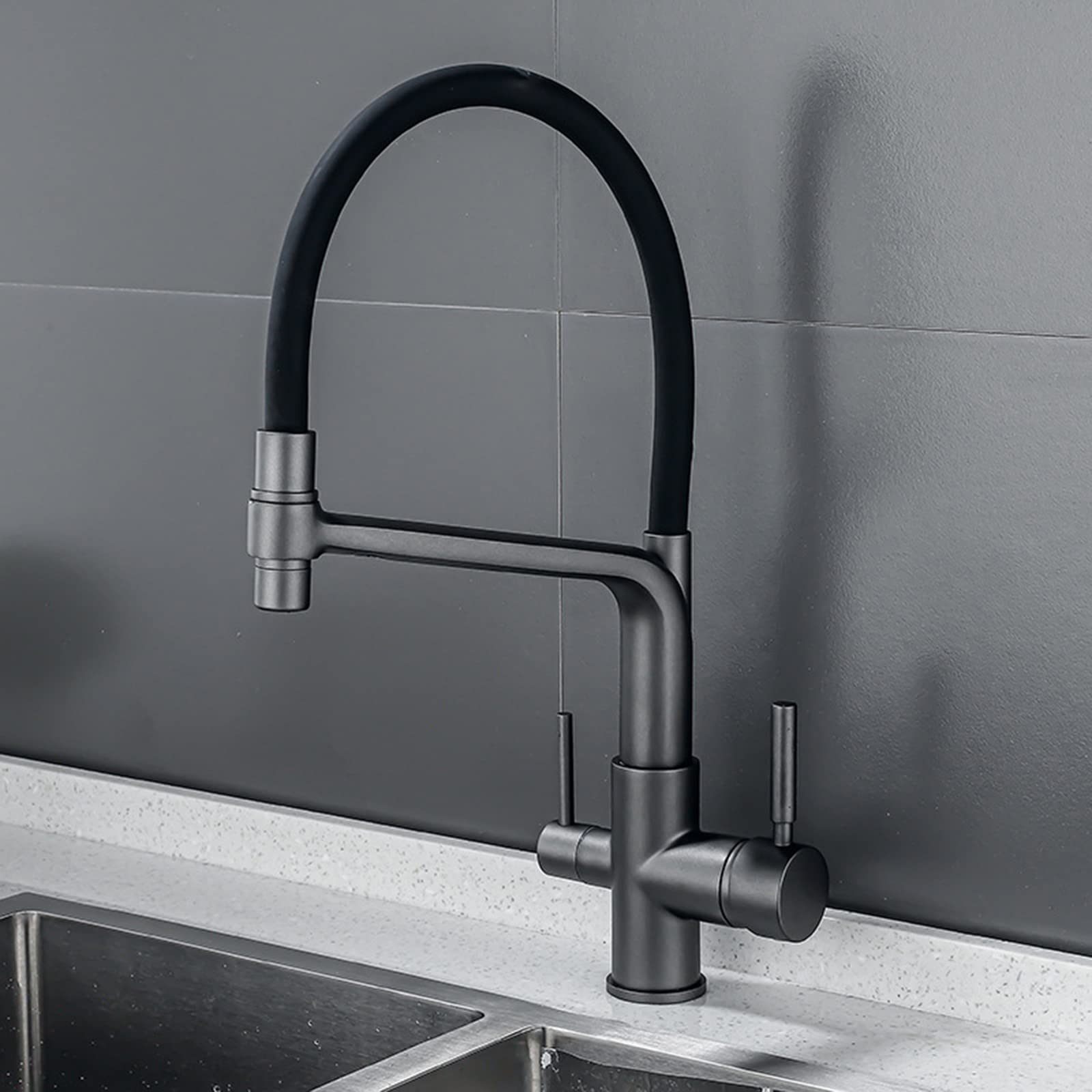 Grifo Cocina Extraible Osmosis Grifo 3 Vias Osmosis Arco Alto Doble Mango 3 en 1 Griferia de Cocina Grifo para Fregadero Filtro Agua Grifo Cocina Pistola Gris