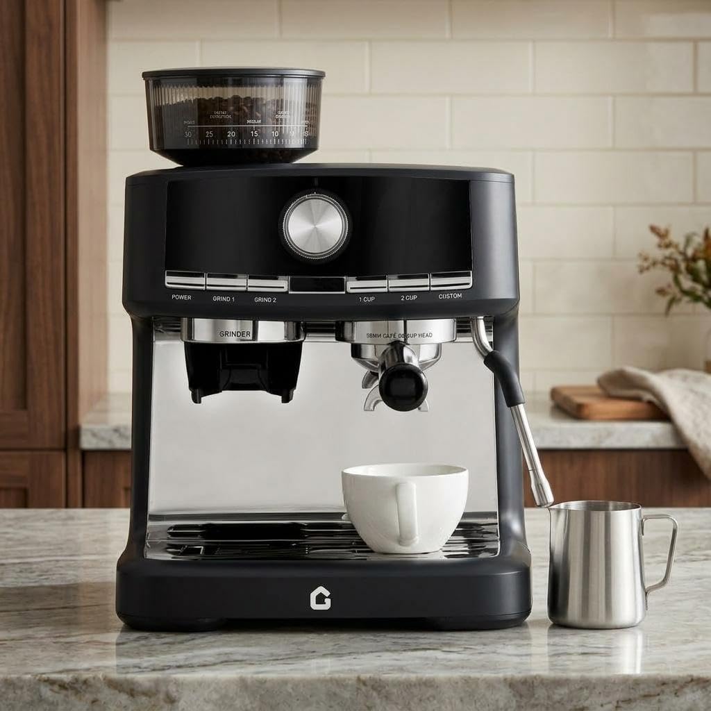 Półautomatyczna maszyna do espresso z wbudowanym młynkiem, dyszą parową do pianki mlecznej, programowanie 1/2 filiżanek i niestandardowy tryb, ekspres do kawy espresso, do kawy kremowej, cappuccino