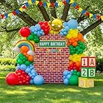 Sesame Friends party decorations Kit with cartoon Theme primary color Balloon and ABC123 Box brick wall birthday backdrop for kid birthday Kindergarten pre k back to school supplies
