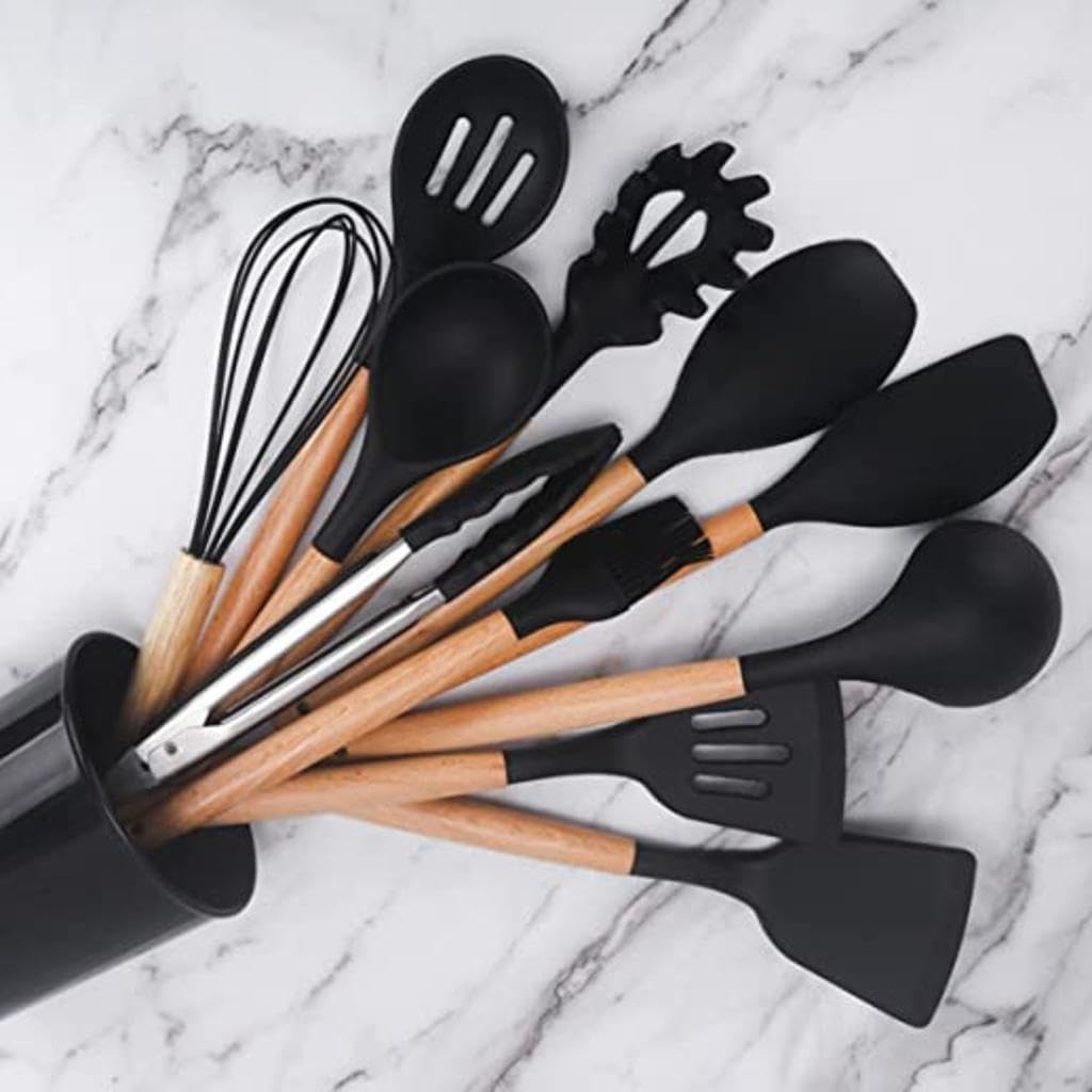 AHASON'S Extra dickes Silikon-Kochutensilien-Set, 230 °C - 230 °C, hitzebeständig, BPA-frei, Zange, Löffel, Spatel, Bürste, Schneebesen mit Halter, Küchenhelfer, antihaftbeschichtet, Kobra-Schwarz