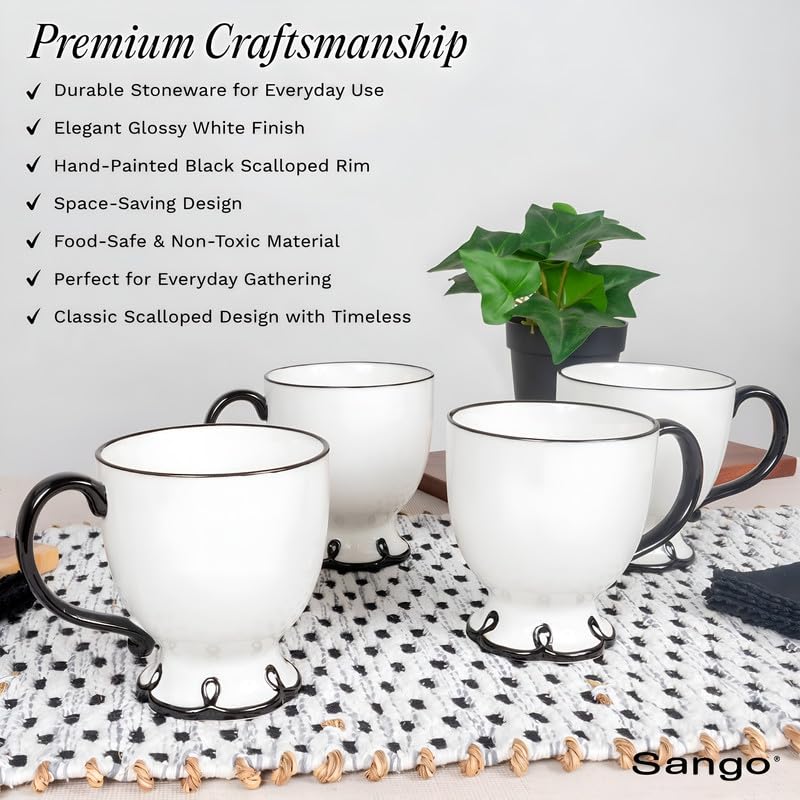 Image of SANGO Splash of Cheers Large Mugs Set of 4, 16 oz Stoneware Black and White Coffee Mugs, Ceramic Drinkware for Coffee or Tea, Durable Everyday Cups, Dishwasher & Microwave Safe, Scalloped Mug Set