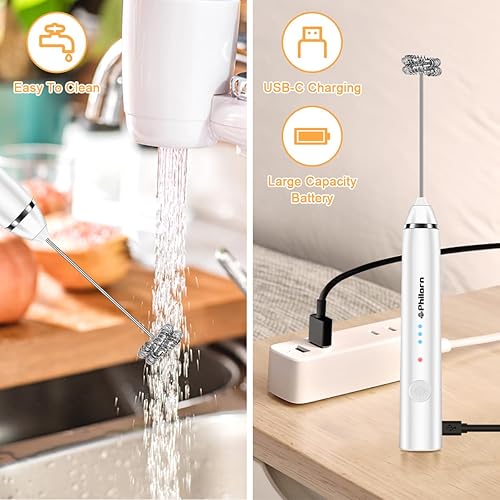 Miniatura 5 de Philorn Espumador de leche recargable de mano, varita espumadora con 2 cabezales, batidor eléctrico para café, mini espumador para lattes,