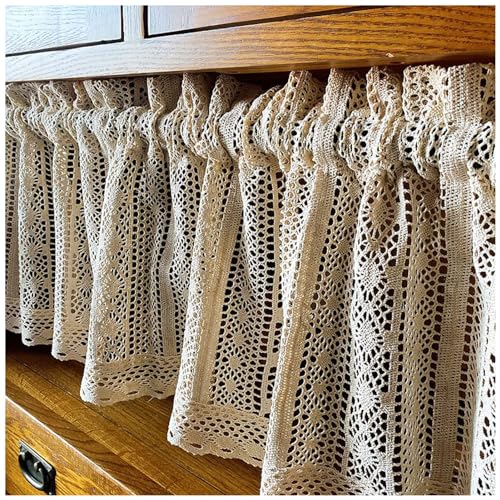 Cortina de ganchillo hecha a mano para ventana de cocina, estilo campestre, cortina corta de algodón para debajo del fregadero, color beige, tamaño 180 x 90 cm, perfecta para decoración del hogar