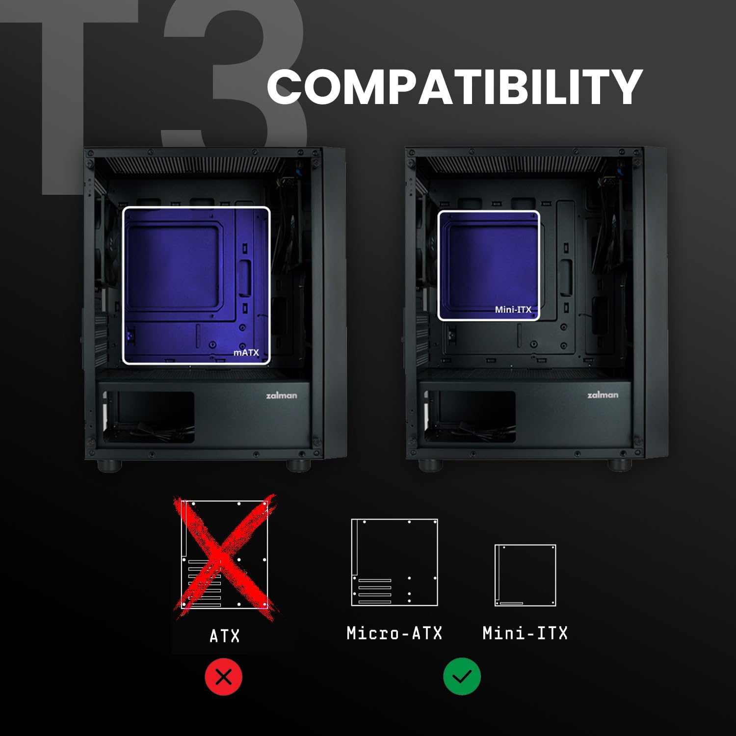 Zalman T3 Plus Mini Tower Compact PC Case – Micro ATX Mini ITX Computer Case – Preinstallate 2 ventole da 120 mm – Pannello laterale in vetro temperato – Griglia di ventilazione per un raffreddamento