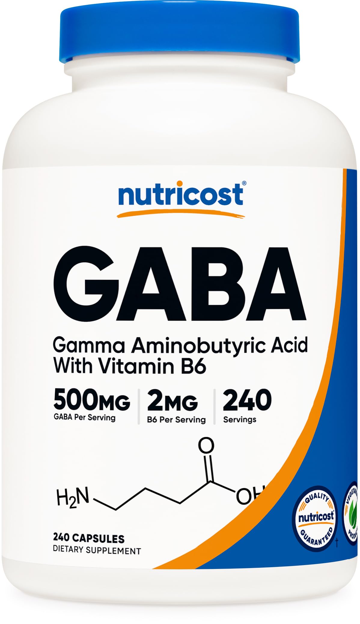 GABA (Gamma Aminobutyric Acid) + Vitamin B6, 500mg per Serving, 240 Capsules