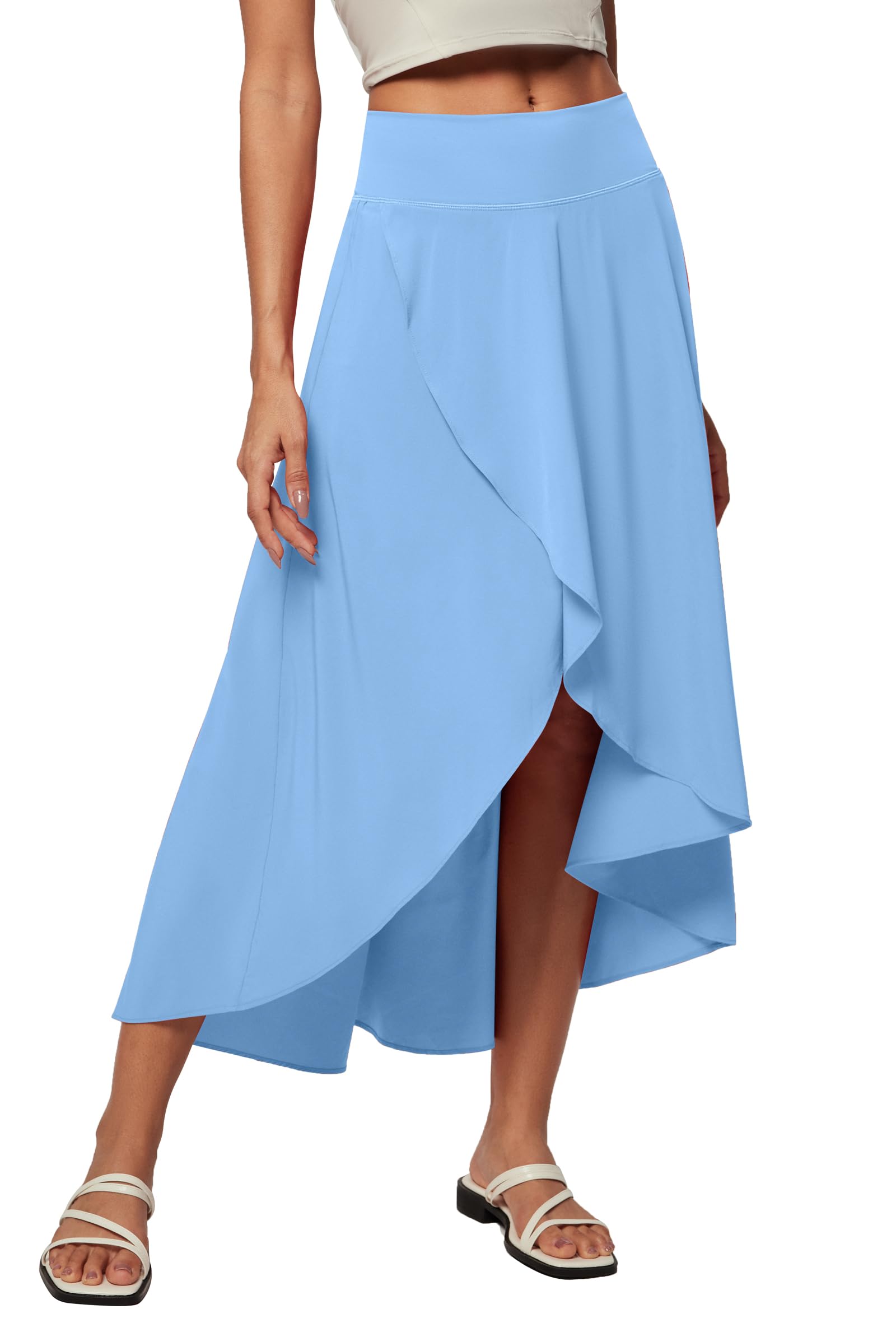 Heathyoga High Waist Wrap Skirt with Shorts Flowy Skirts for Women Trendy Summer Ruffle High Low Maxi Skirt with Slit