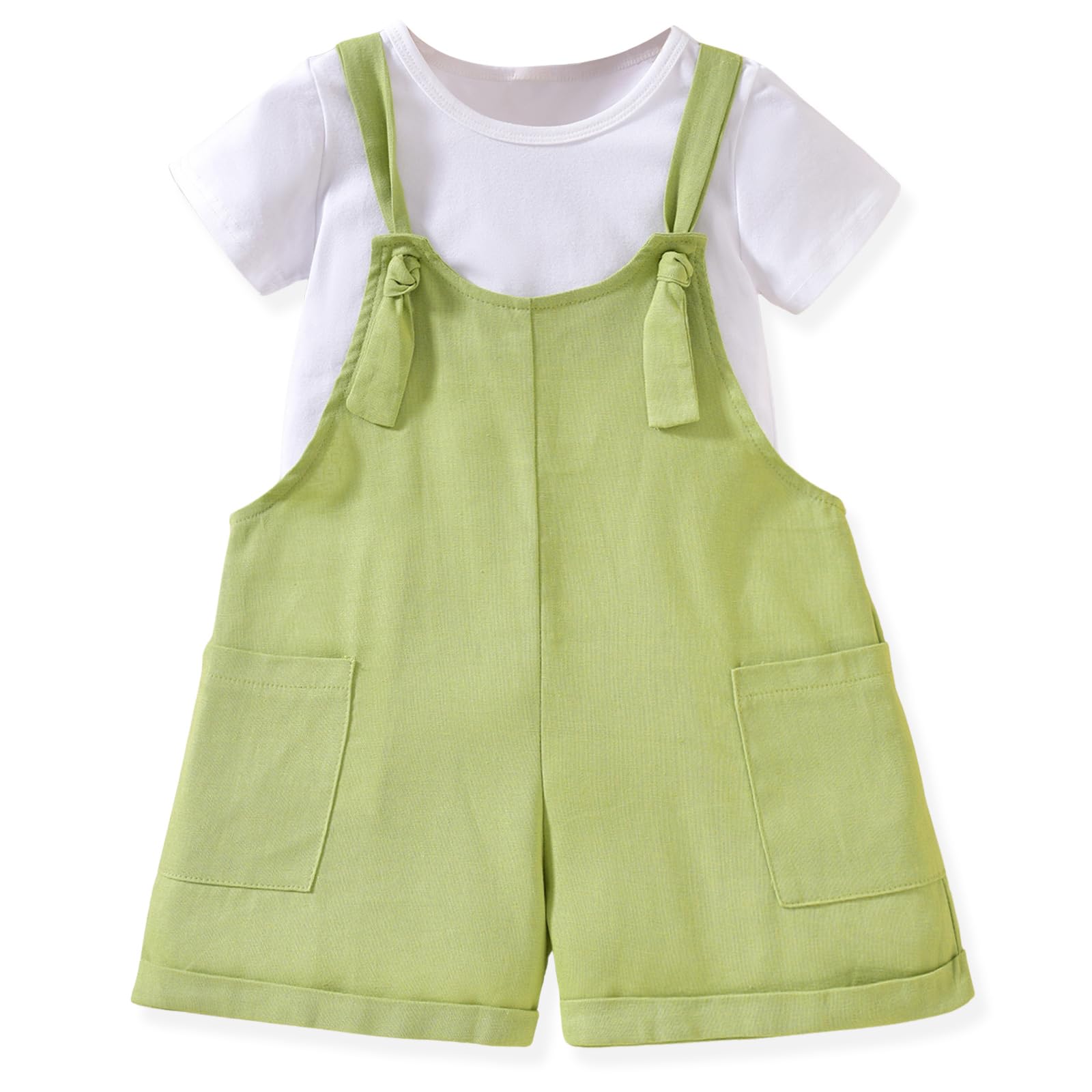 HINTINA Toddler Girl Overall Shorts Set Adjustable Loose Jumpsuit Short Sleeve T-shirt Vacation Summer Outfits with Pockets