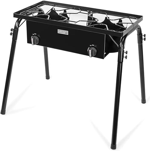 Barton Soporte de quemador de gas de doble estufa de 130,000 BTU con regulador, patas desmontables de alta presión, propano al aire libre portátil