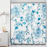 AmazerBath Shower Curtain, Blue Rose Floral Fabric Shower Curtain Set with 12 Shower Curtain Hooks, Rustic Farmhouse Shower Curtain, Washable Cute Fall Cloth Bathroom Shower Curtains, 72x72 Inches