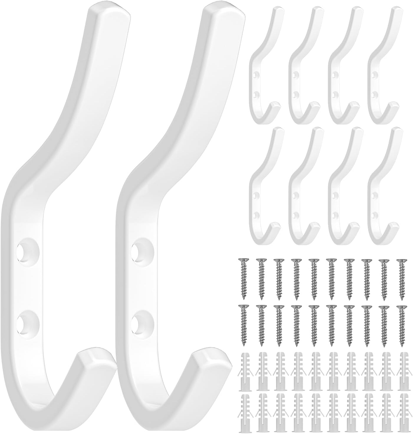 Wall Hooks for Hanging Coat - 10 Pack White Arc Double Hooks, Sturdy Metal Matte Finish, Organize Coats, Hats, Bags in Entryway, Closet, Bedroom 10 White