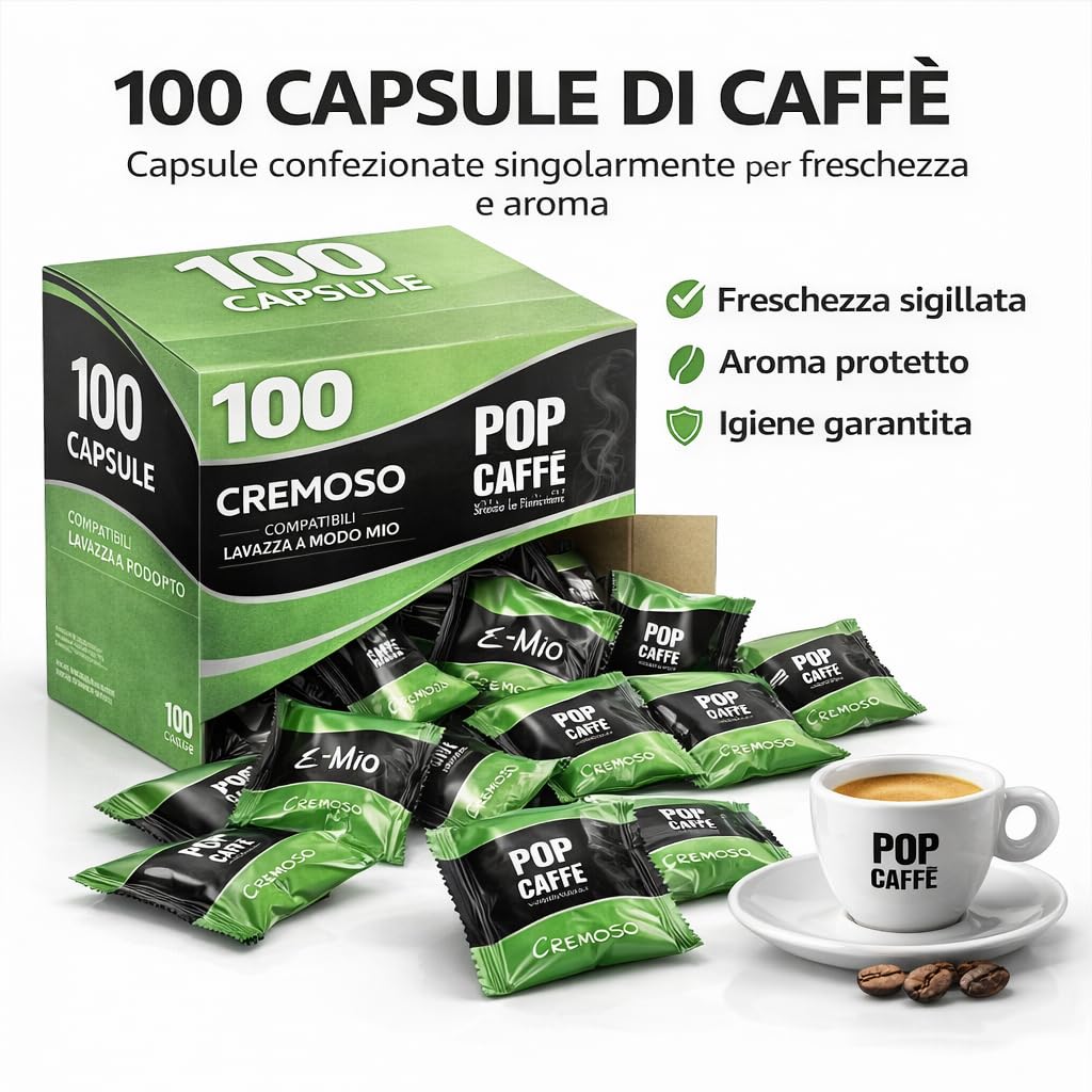 100 Capsule Compatibili Lavazza A Modo Mio – Pop Caffè E-MIO 2 Cremoso – Gusto Intenso e Crema Densa – Miscela Corposa – Confezione Risparmio