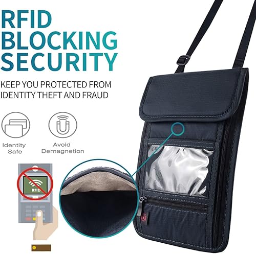 Miniatura 3 de Cartera con bloqueo RFID para pasaporte con bolsa para guardar el cuello para viajar tarjeta de crédito de seguridad Azul marino Clásico