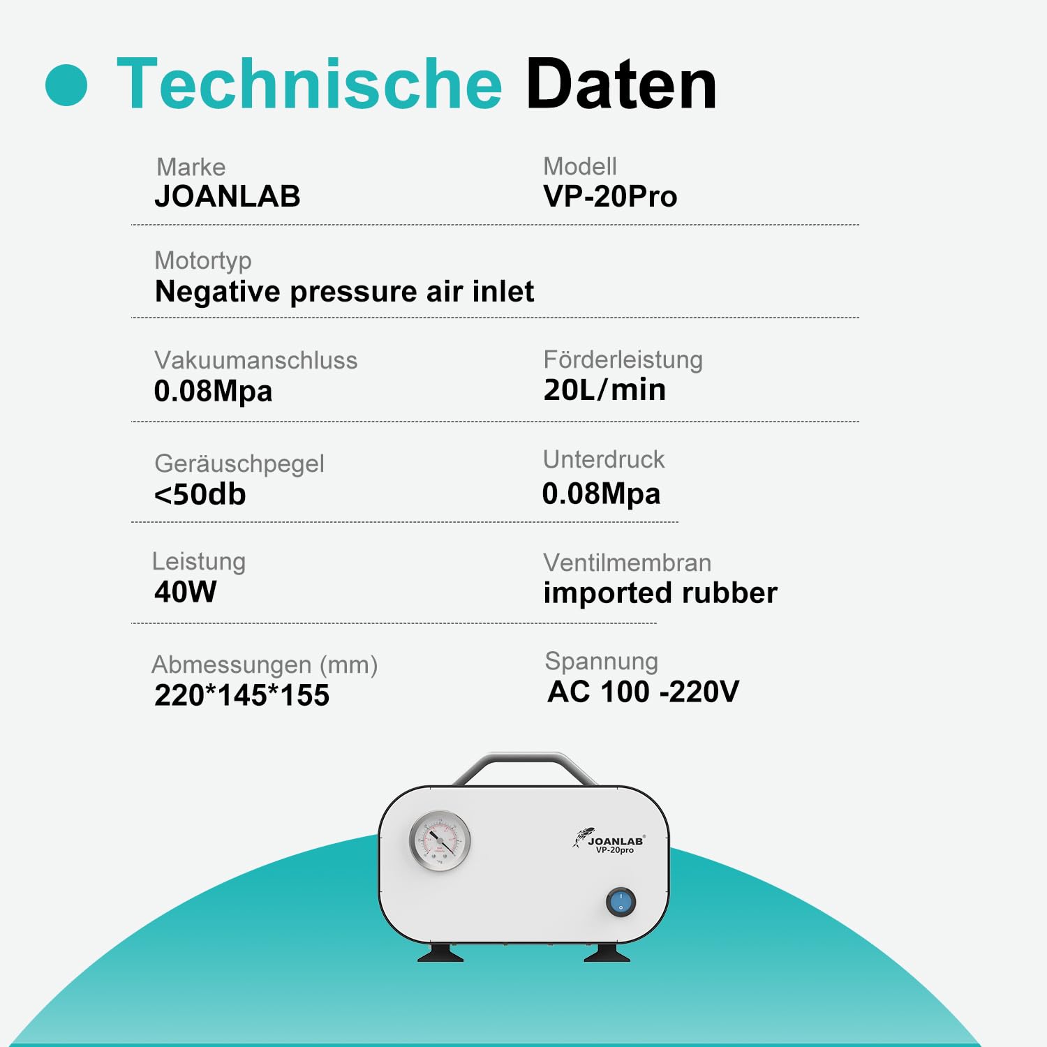 JOANLAB Ölfreie Labor-Vakuumpumpe 30L/min mit Druckregelung für Unter- & Überdruck, 0.085MPa Membranpumpe für Filtration, Forschung, Industrie