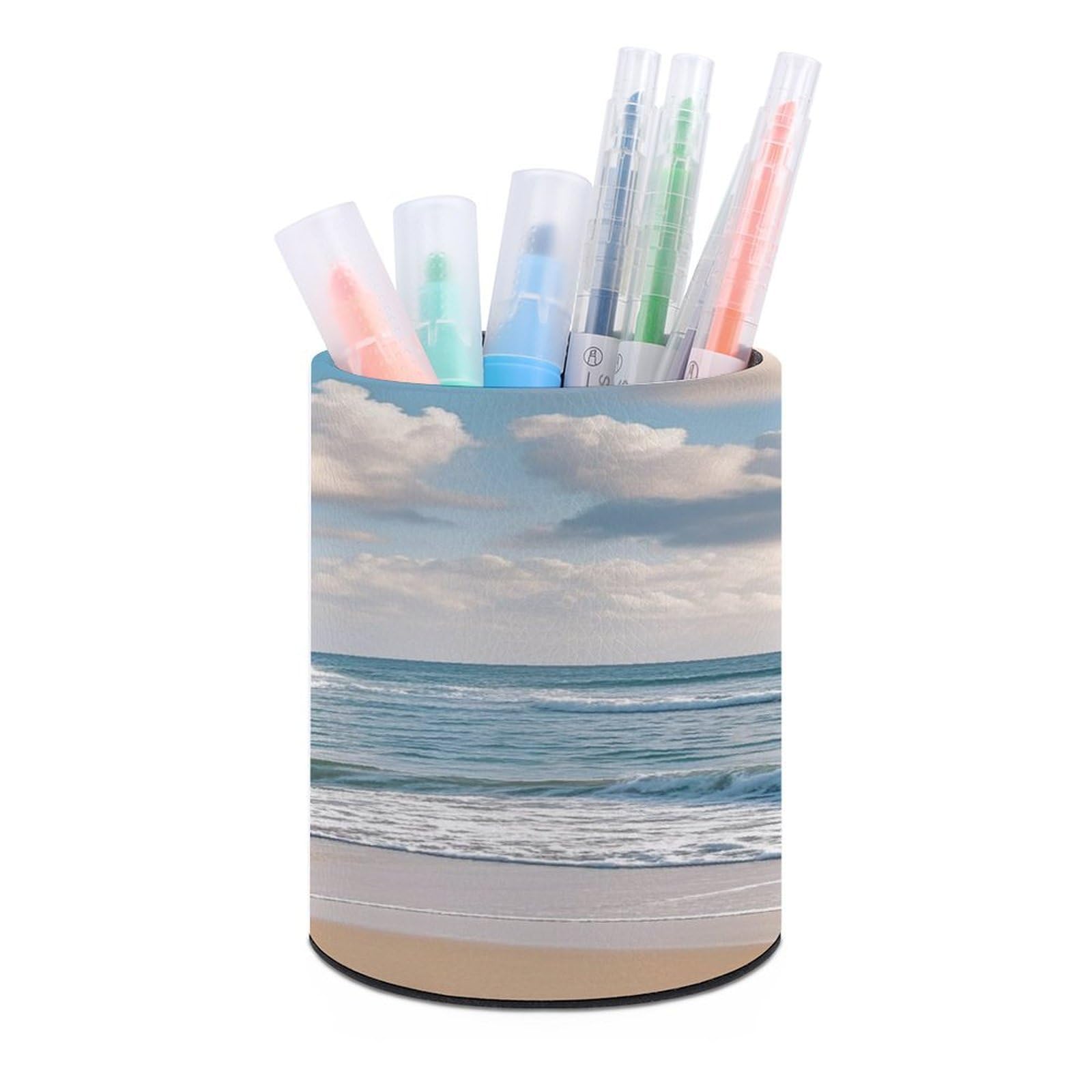 FekiLoot Round Sea Lighthouse Sandbeach Pen Holder for Desk PU Leather Waterproof Pencil Cup Stand Minimalist Makeup Brush Storage Organizer Desktop Stationery Container Accessorires