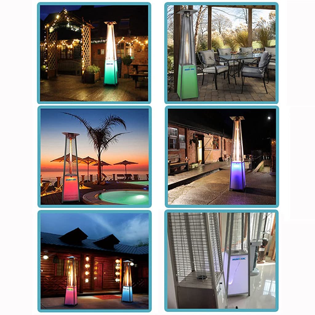 Riscaldatore Da Esterno A Propano A Piramide Da 48000 BTU Con Luci A Led Tubo Di Vetro Fiamma, Ruote, Accensione Rapida A Impulsi, Stufa Da Esterno Con Spegnimento Automatico Per Patio