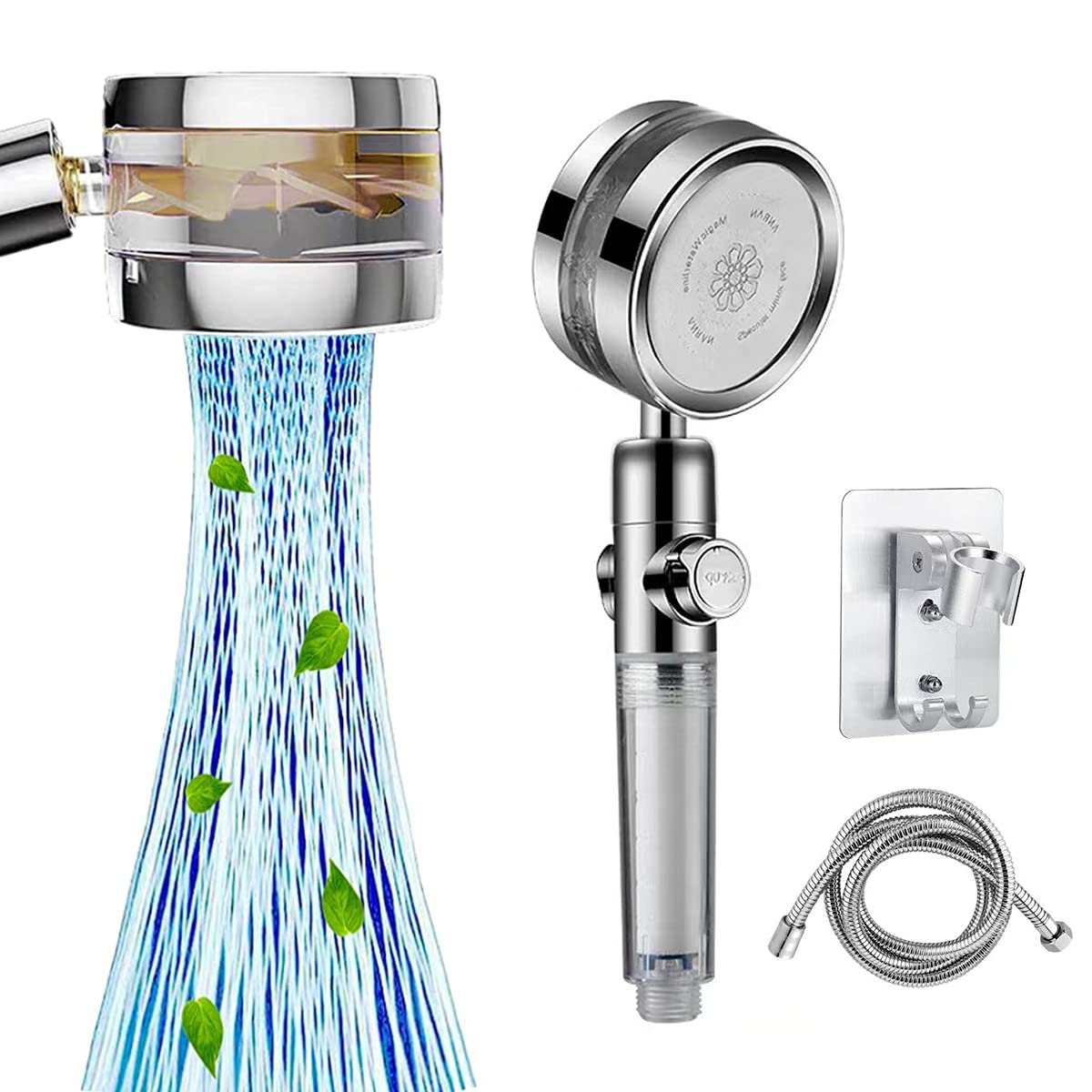 Handheld High Pressure Shower Head with One-Touch Switch Button，Curved Water Outlet， Visualize Turbocharged Blades ，Filter element,Adjustable water volume,Easy Install (Golden Hand shower)