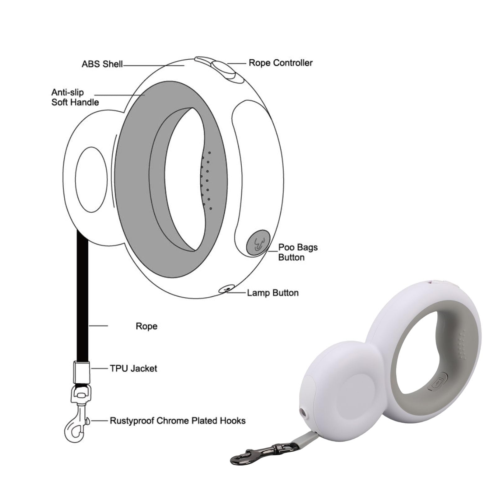 Laisse rétractable pour chien, support de sac à excréments intégré avec lumière LED, laisse de marche pour animaux de compagnie, pour chiens de taille moyenne jusqu'à 30KG
