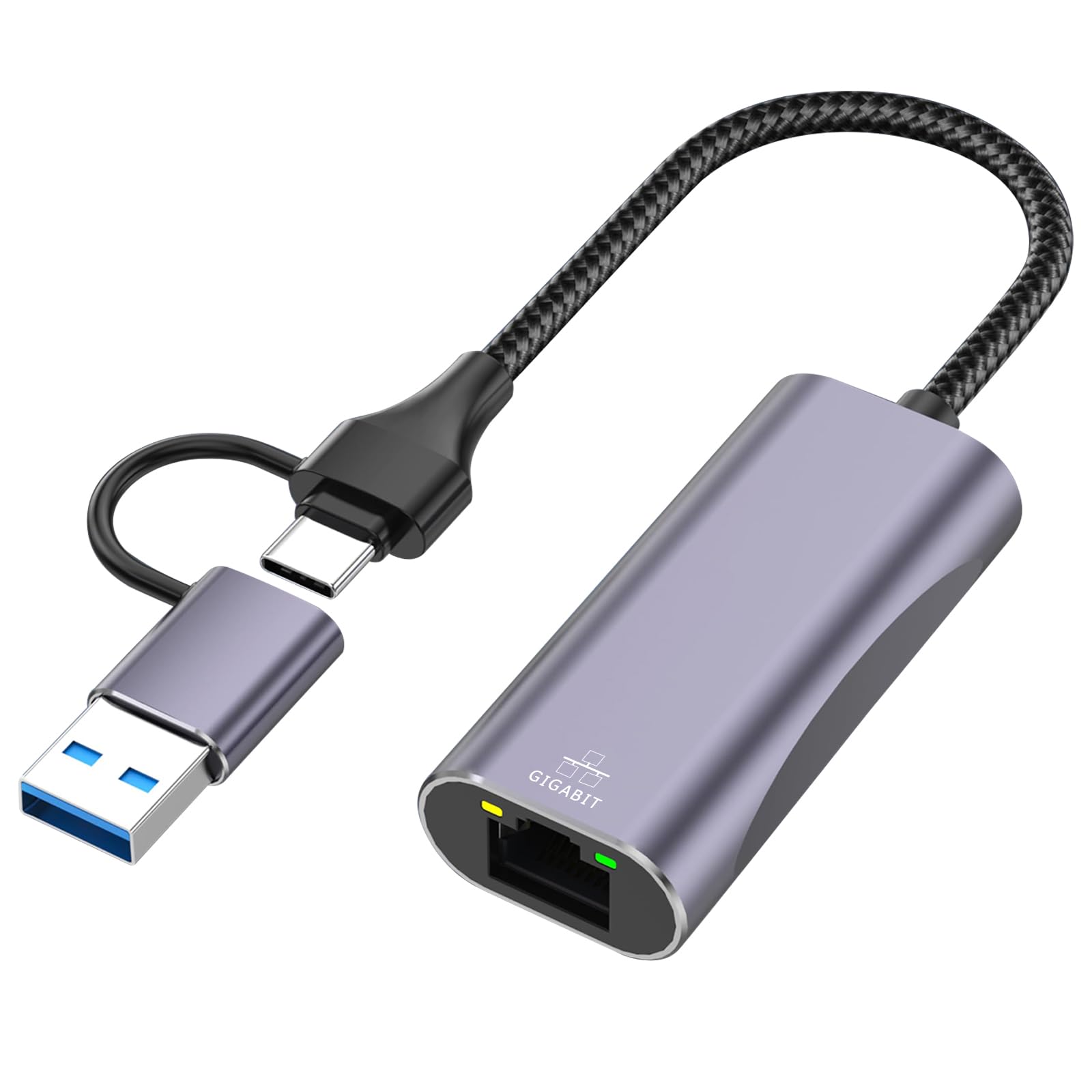 USB C to Ethernet Adapter 1000M, 2-in-1 USB 3.0 to RJ45 Gigabit LAN Network Adapter, Nylon Braided & Aluminium Alloy Network Adapter to USB Type-C for Windows XP, Mac OS, Linux, Vista, etc