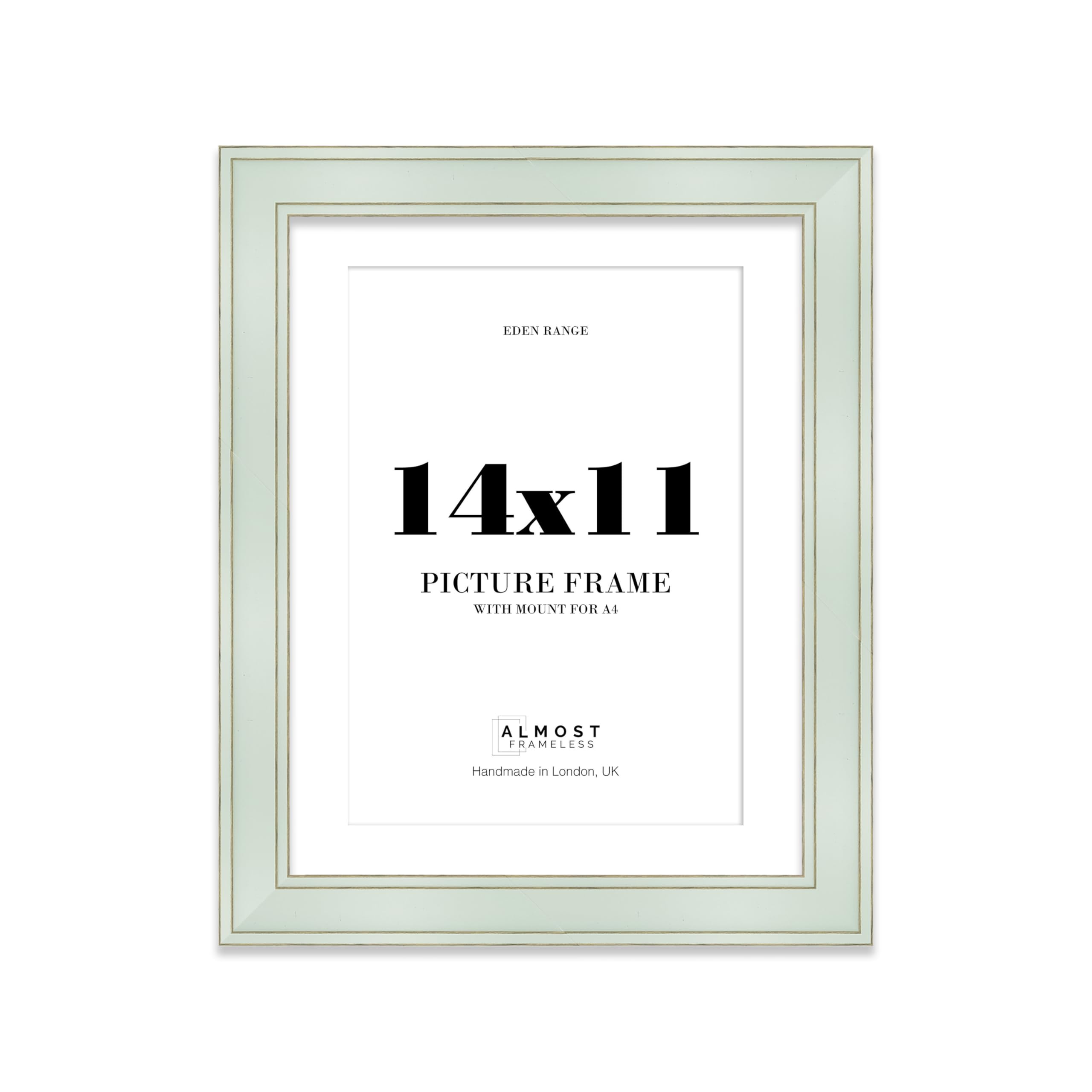 14x11 Sage Green Picture Frame with A4 Mount - Shabby Chic Photo Frame with Distressed Finish, Gold Trim, Wall Hooks and Kickstand, 37mm Edge - 1 Pack