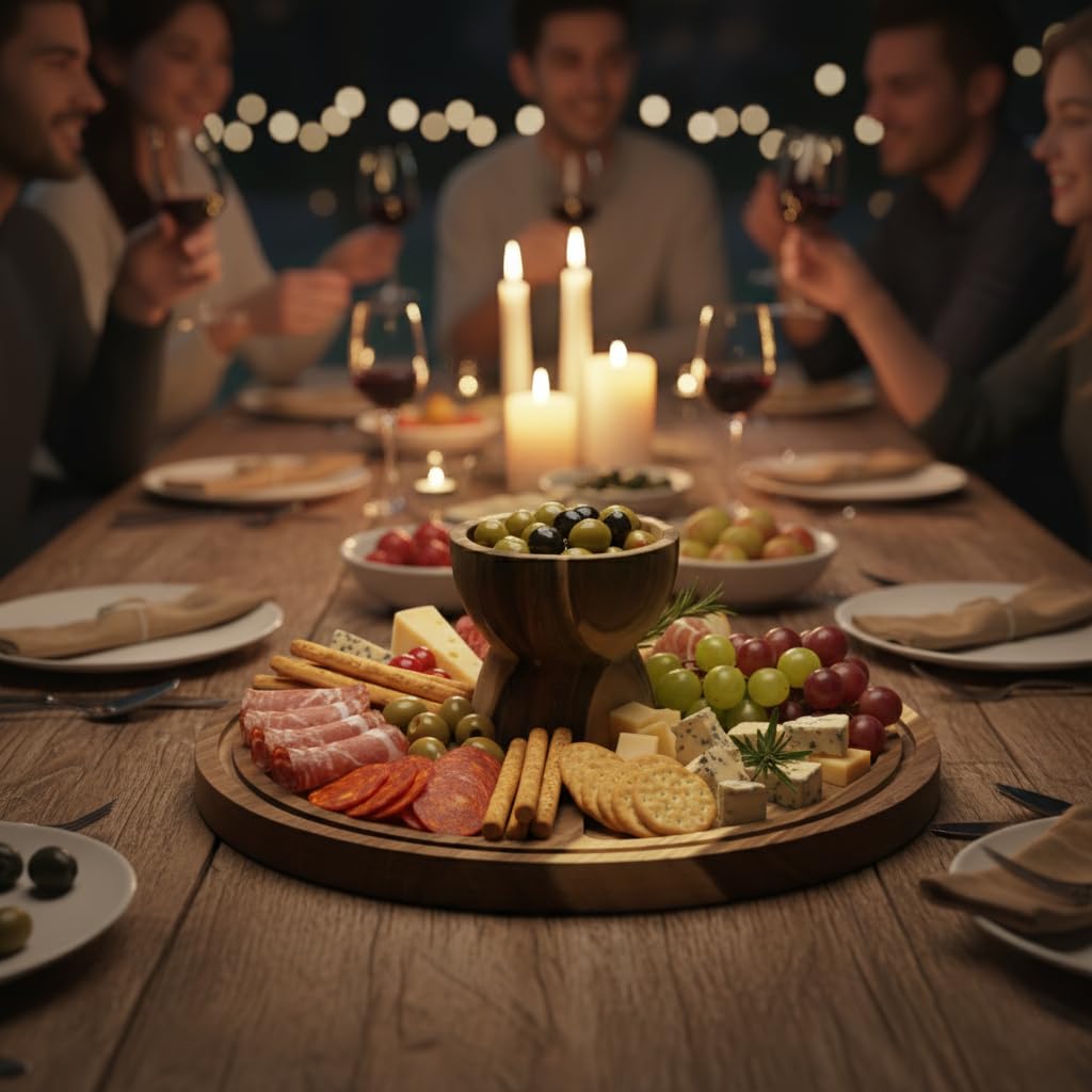 Käsebrett mit Deckel – 2 in 1 Tortenplatte Holz & Charcuterie Board für Snack, Käseplatte Servierbrett Küchenbrett, Rund Kuchenplatte Tortenständer Ideal für Antipasti und Desserts