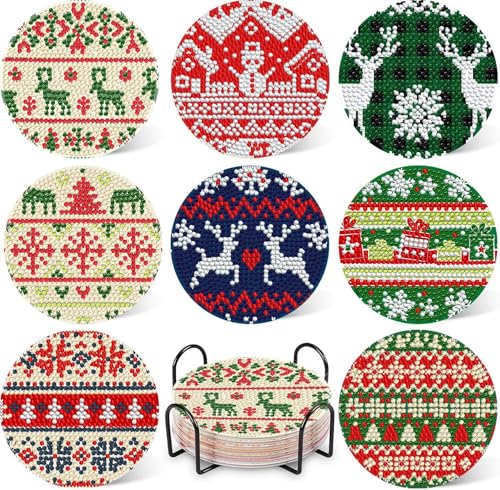 Glvomazty 8 Pezzi Diamond Painting con Sottobicchieri di Sughero Round, Antiscivolo Impermeabile, Sottobicchieri con Supporto in Metallo, per Caffè, Ufficio, Bar, Ristoranti,Natale