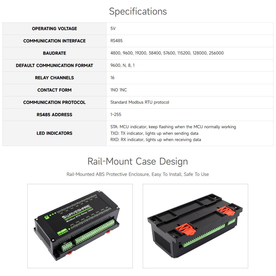 Waveshare Modbus RTU 16-Ch Relay Module, RS485 Interface, with Multiple Isolation Protection Circuits,Apply to Industrial Control,Smart Home,Smart Agriculture,Breeding and Farming