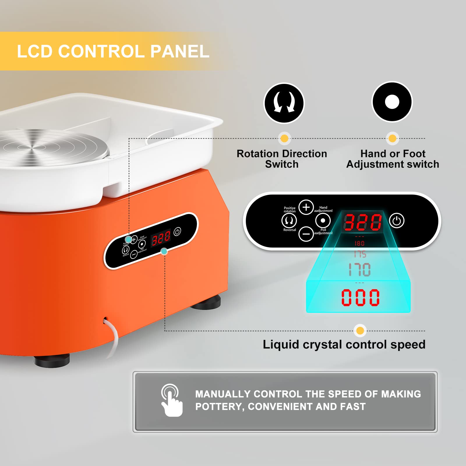 350W Torno de Ceramica, 25CM Rueda de Cerámica Eléctrica, con Pantalla LCD, Máquina Torno de Alfarero para Bricolaje de Cerámica, Pottery Wheel Machine con Kit