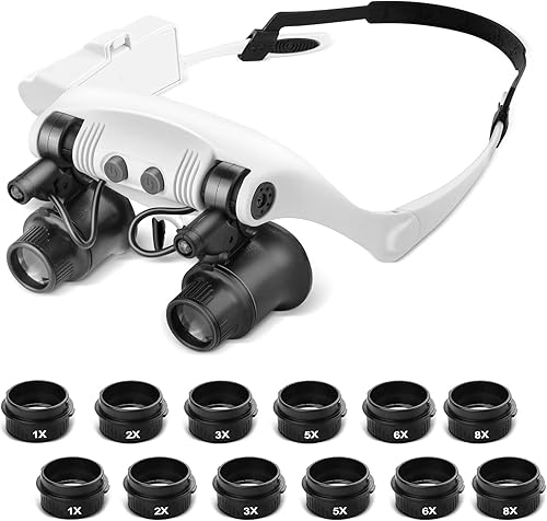 Miniatura 1 de JUOIFIP Lupa de cabeza manos libres, lupa con luz, lupa 1X2X3X5X6X8X, perfecta para trabajar cerca de trabajo