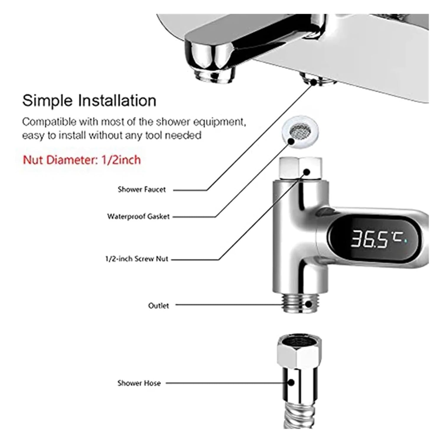 Shower Water Temperature, 2Pcs Thermometer Bath Water LED Digital Display Shower,for Bathroom Household Shower Head