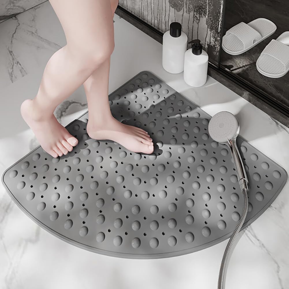 Tapis de Douche d'angle 80x80cm,Tapis de Douche Antidérapant Triangulaire(Gris)