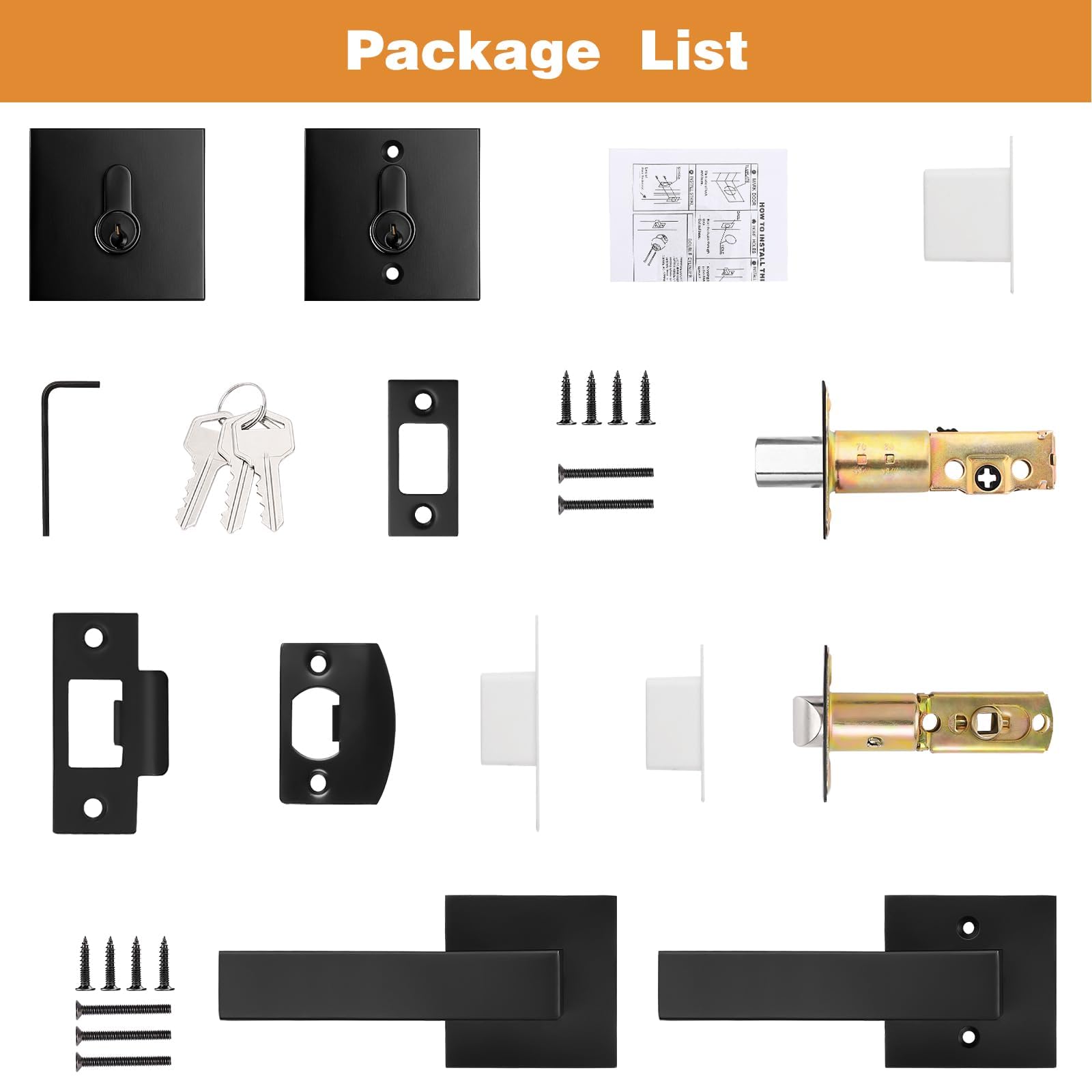 Probrico Juego de cerraduras de puerta exterior negro mate con cerrojo de seguridad, manija de paso de puerta delantera y cerrojo de doble cilindro con las mismas llaves, palanca de puerta cuadrada