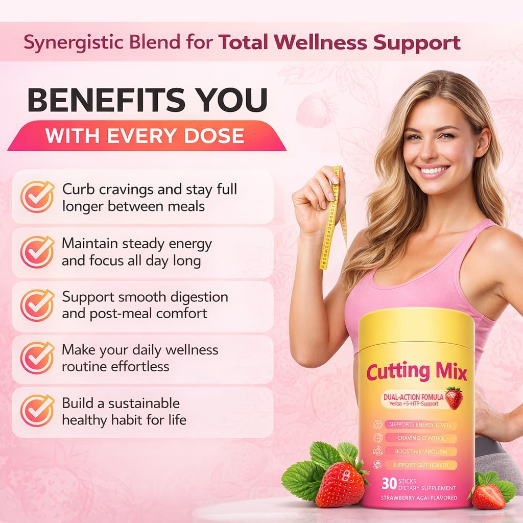 Cutting Drink Mix, Daily Wellness Support with 5-HTP, Yerba Mate & Prebiotic Fiber, Sugar Free Drink Mix Powder Sticks, Flavored Water Mix with Electrolytes, Strawberry Flavor – 30 Servings