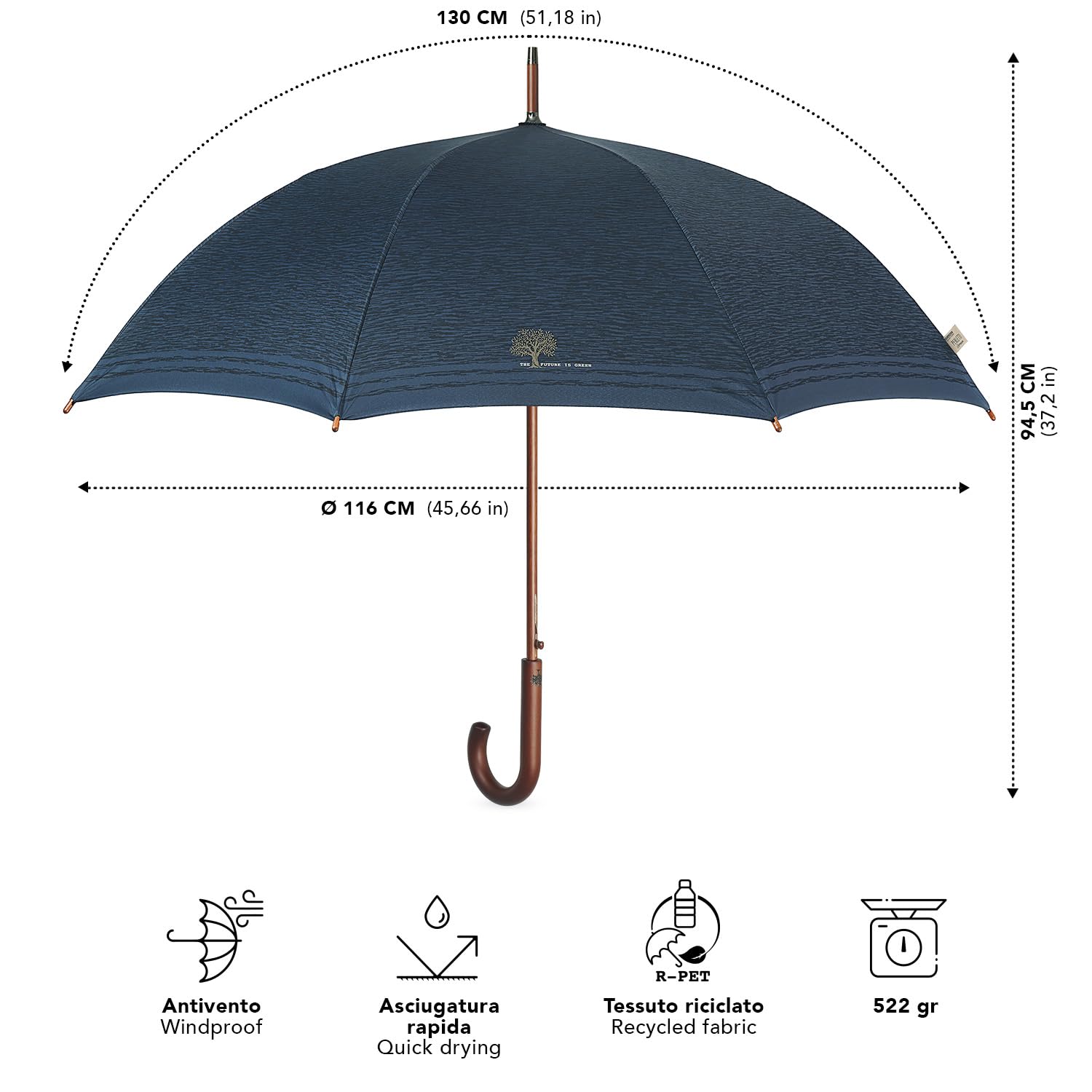 PERLETTI GREEN Parasol Przeciwdeszczowy z Drewnianą Rączką dla Kobiet Otwierany Automatycznie Wiatroodporny - Długi Ekologiczny Parasol - Mocny i Wodoodporny - Średnica 102 cm