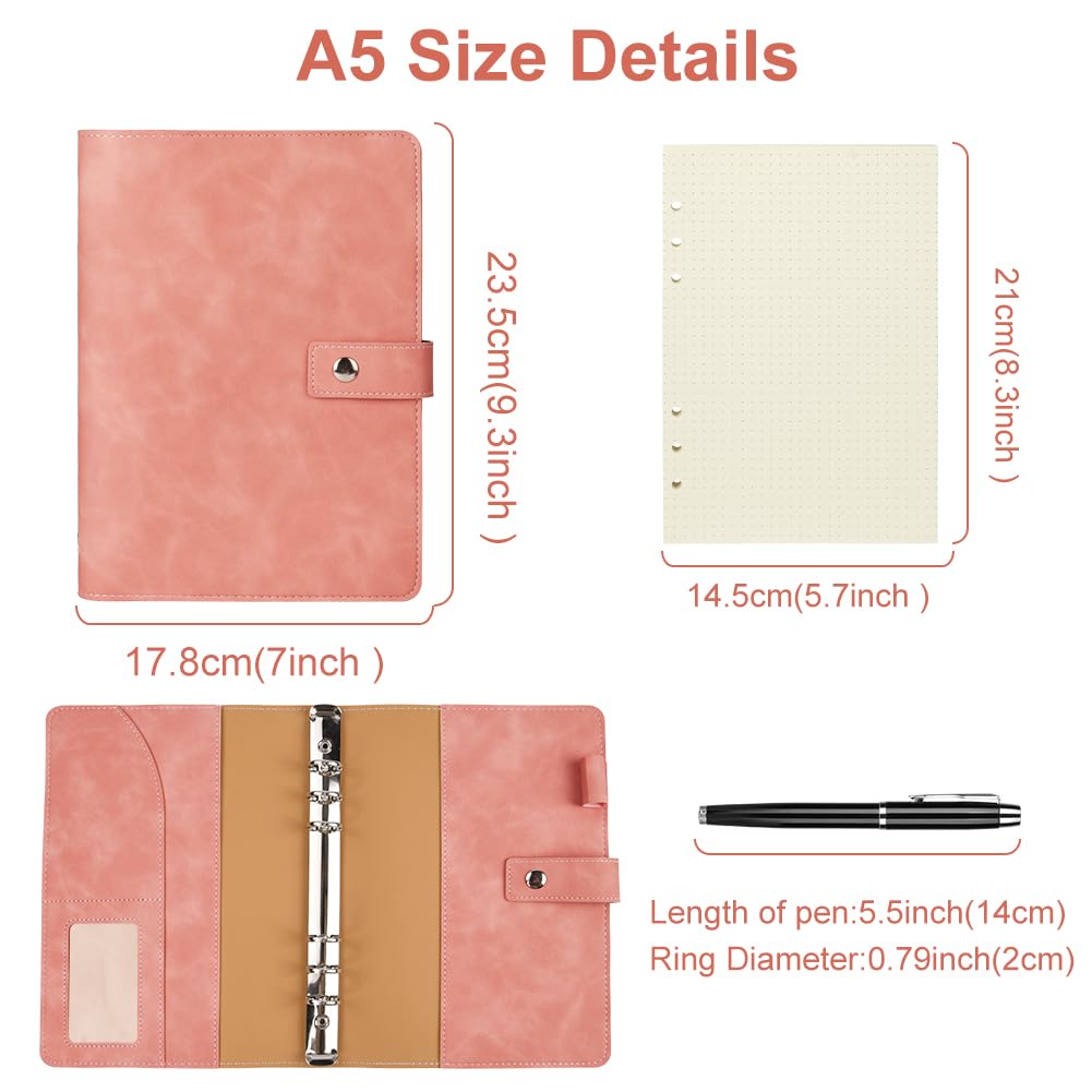 ANOMM A5 Ring Binder Notebook PU Leather Diary, Refillable Notebook with A5 Dot Grid Paper & Inner Pockets & Index Divider - Image 2