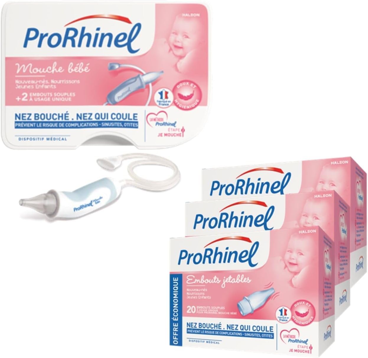 PRORHINEL - Kit Mouche Bébé Manuel + 3 x 20 Embouts Jetables Souples - Lavage Nez Bouché, Nez Qui Coule - Doux & Hygiénique - Facile À Utiliser - Dès La Naissance - Fabriqué En France