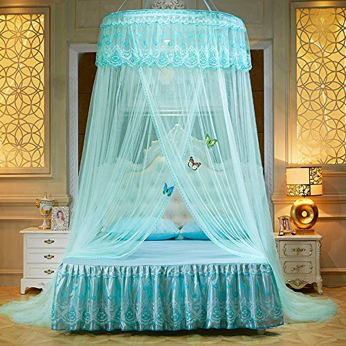 Hanging Princess Mosquito Netting Children Bedroom Luxury Round Lace Canopy with Butterfly Decor (Aqua Green)
