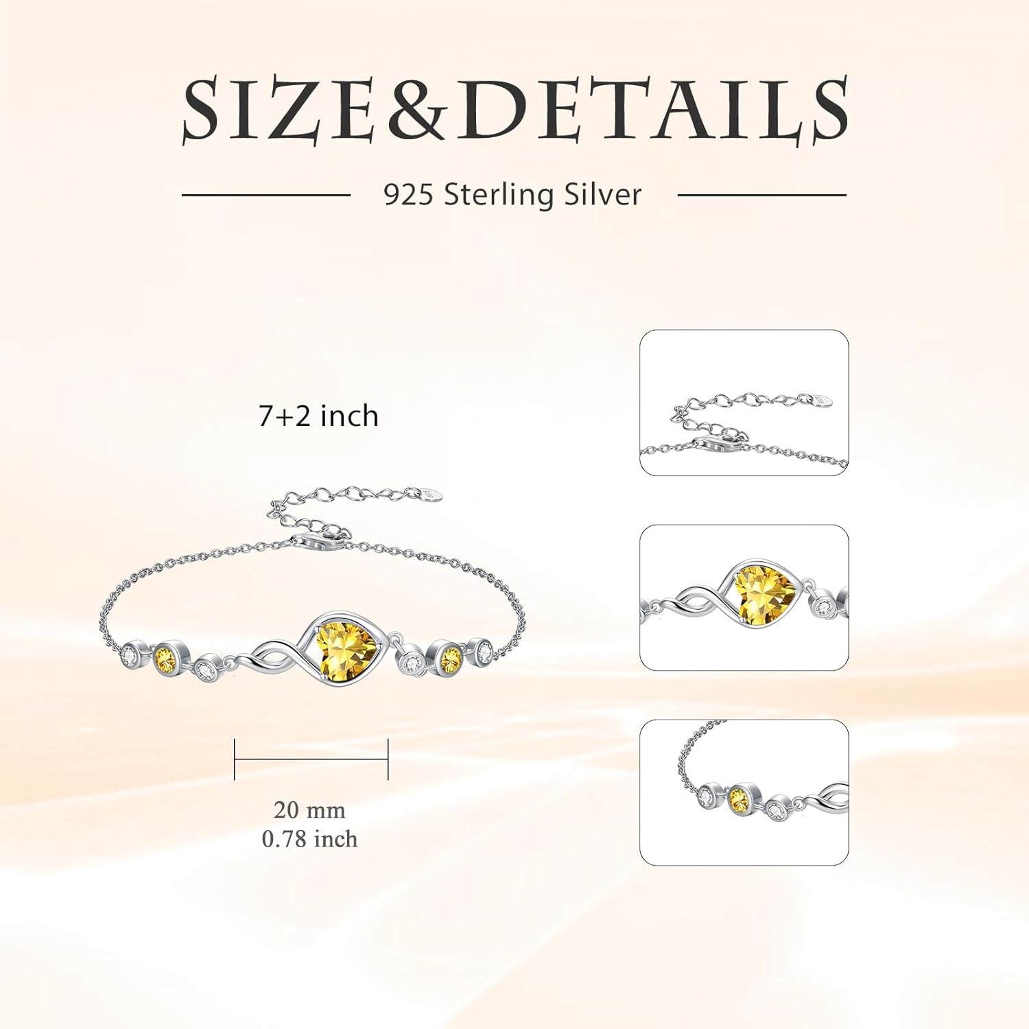 Citrine Bracelet for Women Sterling Silver Heart Infinity Bracelet Yellow Citrine November Birthstone Jewelry Birthday Anniversary Christmas Gifts for Her Wife Girlfriend - Image 6