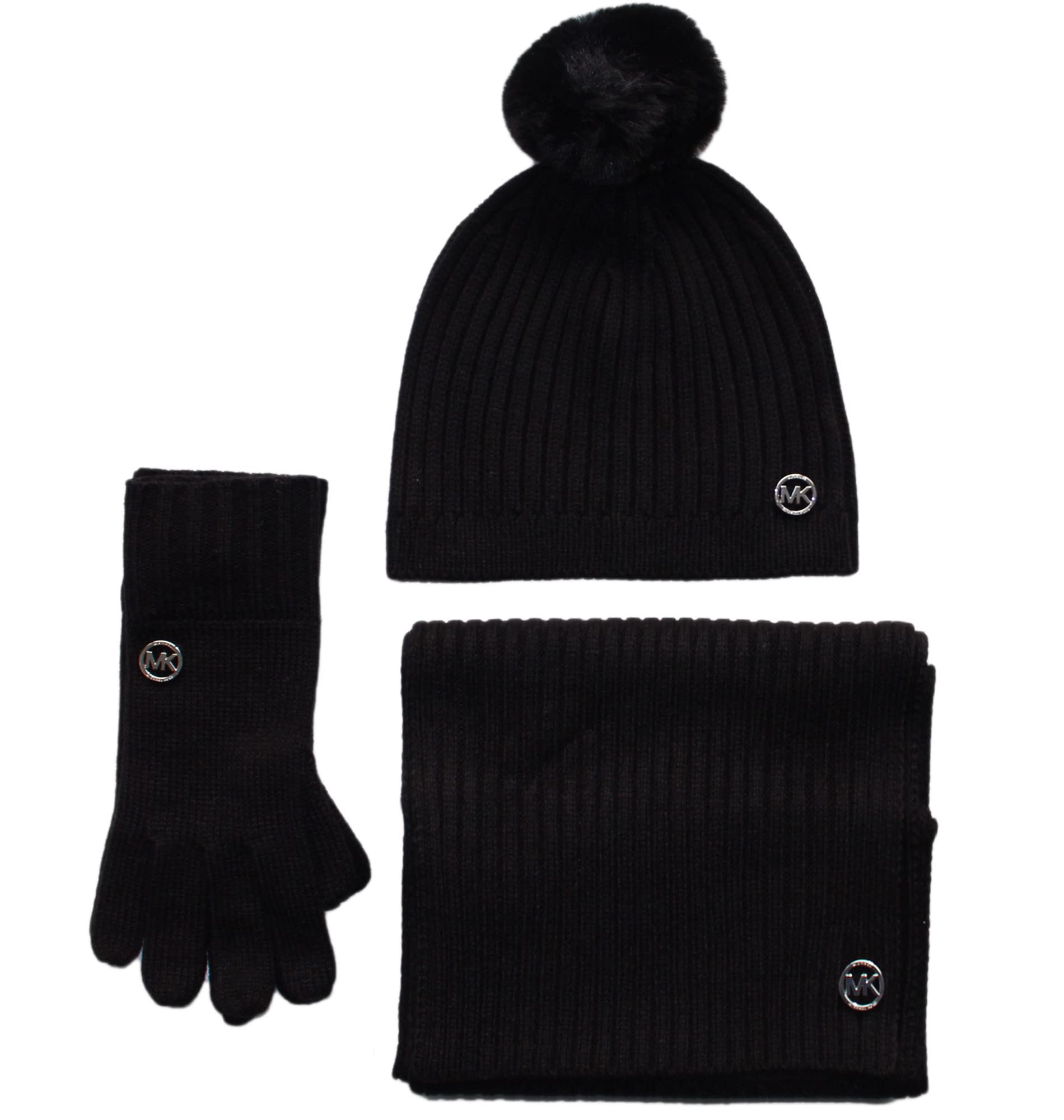 Michael KorsWomen's Logo Knitted Glove, Scarf & Beanie Hat, MK Gift Box, One Size (Black)