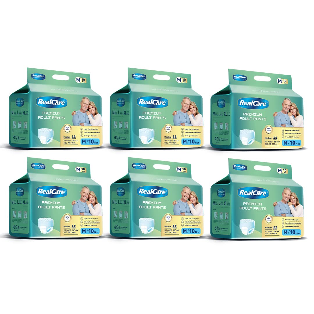 Realcare Overnight Adult Pull Ups (Pant Style) with Odour Control, Leak Proof, Soft Waist Panel & Anti-Bacterial Absorbent Core. Size - Medium (70-110cms, 28-44 Inch) Pack of 6 (60 counts) (B0C699NK8T) Amazon Price History, Amazon Price Tracker