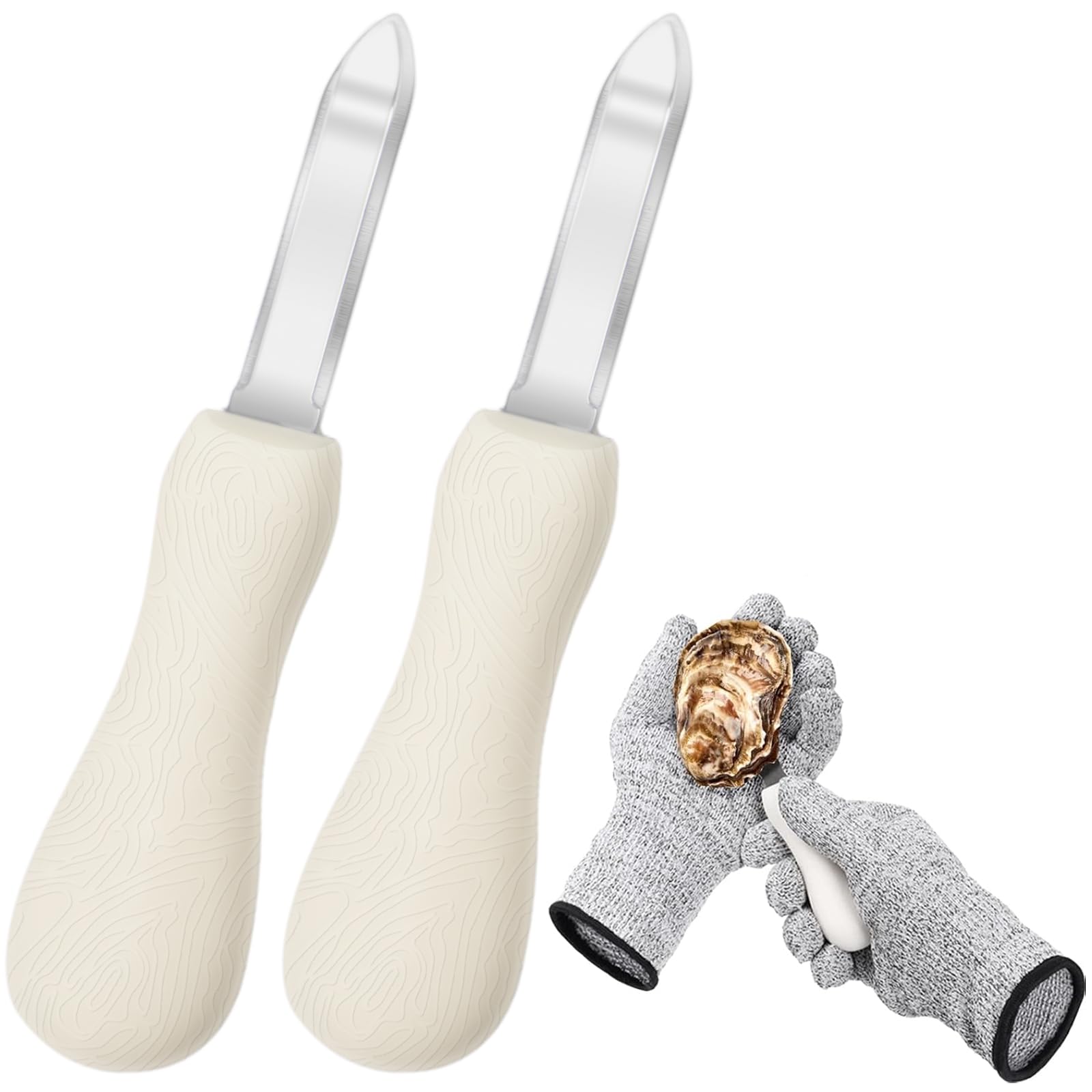 Oyster Shucking Knife, 2 Pack Oyster Knife Shucker Set with Professional Grade Cut Resistant Gloves, Stainless Steel Seafood Opener Tools