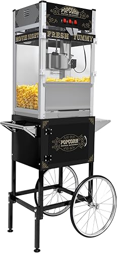 Máquina comercial de palomitas de maíz con carrito, ruedas y hervidor de 20 onzas, máquina para hacer palomitas de maíz estilo vintage, máquina de