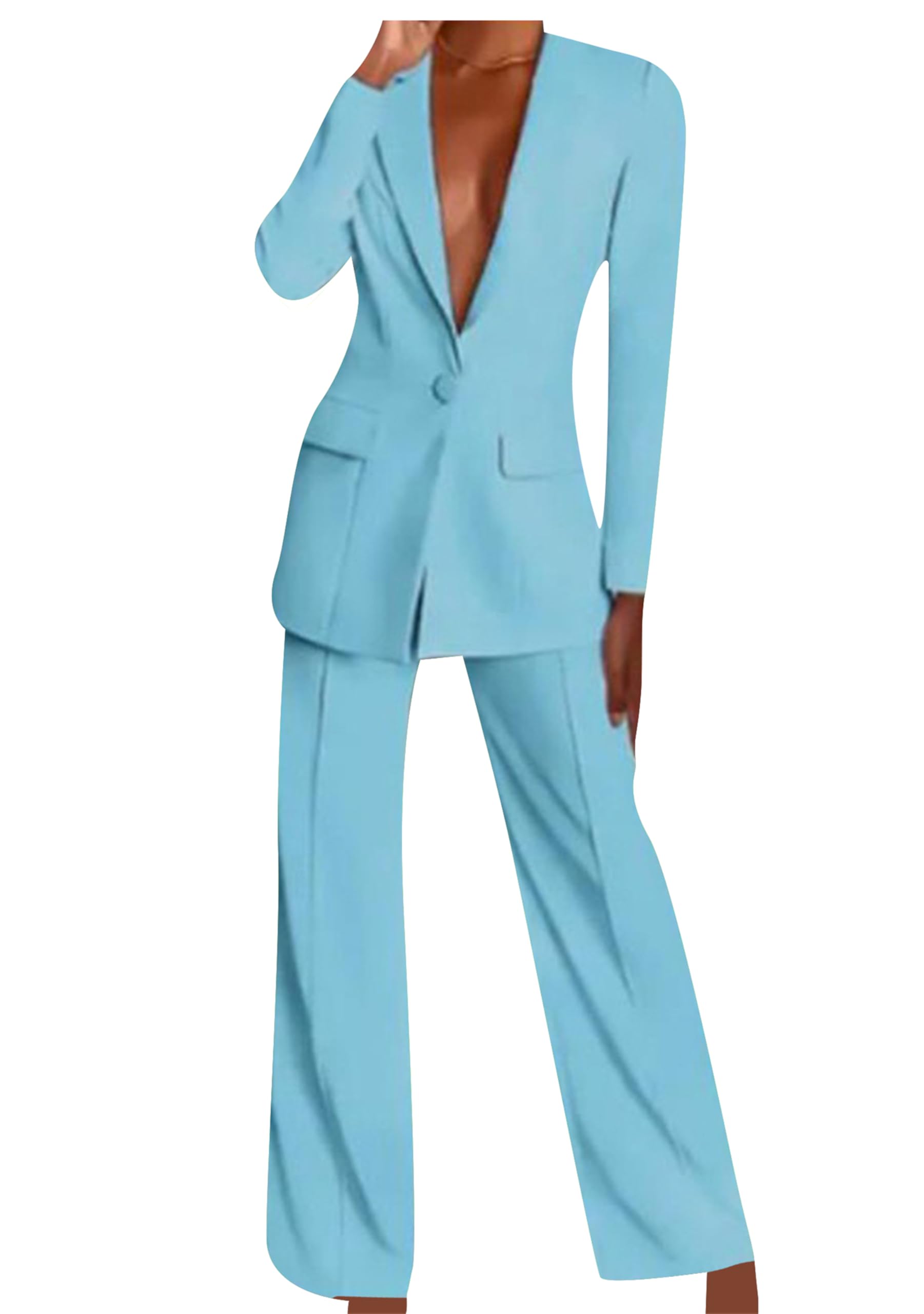 Women's Trousers Blazer Suit Set Slim Fit Suit Sets Long Sleeve Button Suit Coat M Lightblue