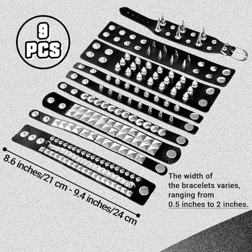 9 Pieces Punk Studded Goth Bracelet Leather Rivets Bracelet Cuff Adjustable Wristband Gothic Accessories for Men Women Halloween2