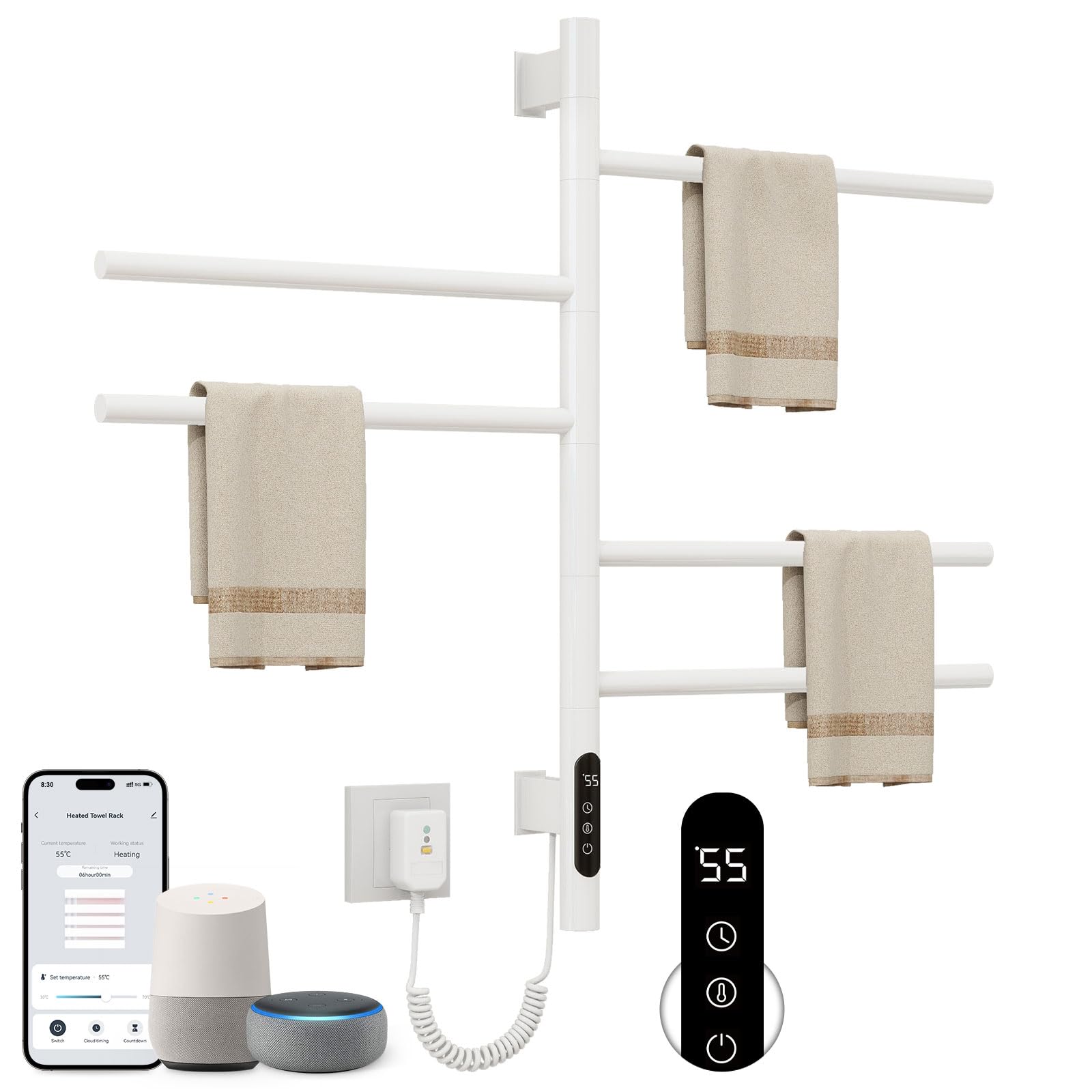 Radiador Toallero Eléctrico para Baño Rotación de 180° Secatoallas eléctrico 415 x 680mm 85W WiFi Blanco Toallero Electrico Baño Calentador Toallas Secatoallas Ahorro de energía-G63 WiFi White